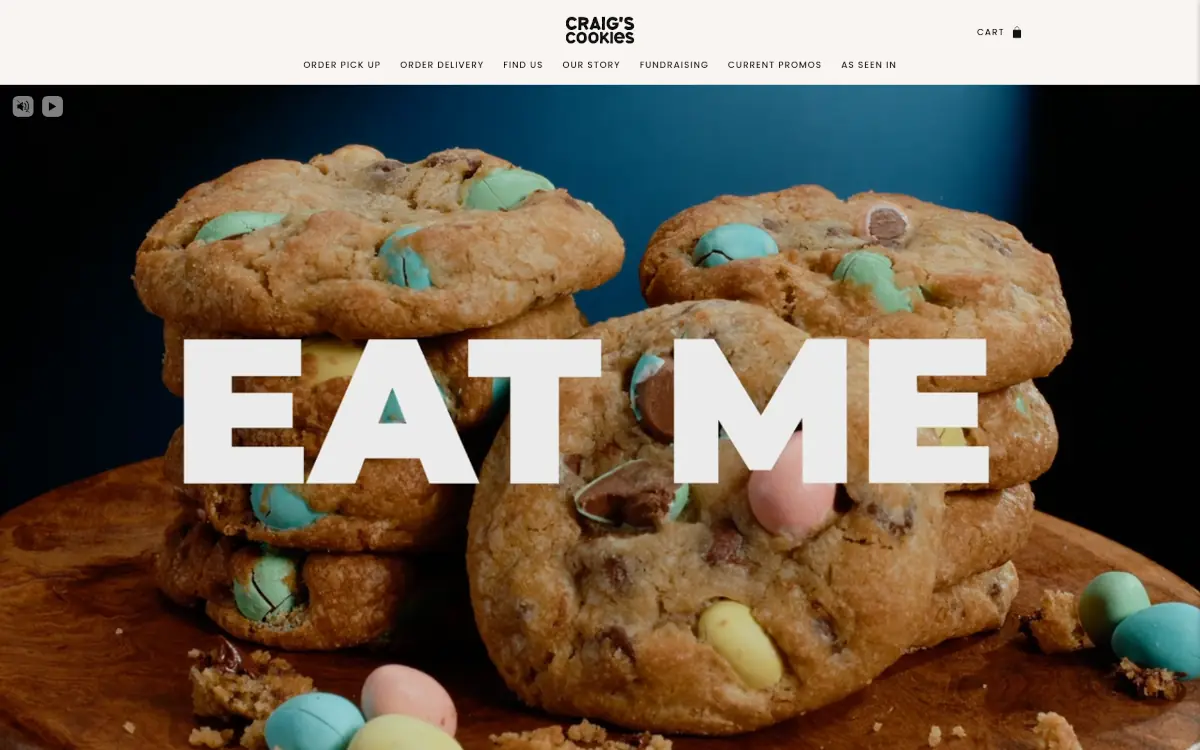 Craig's Cookies homepage with hero video
