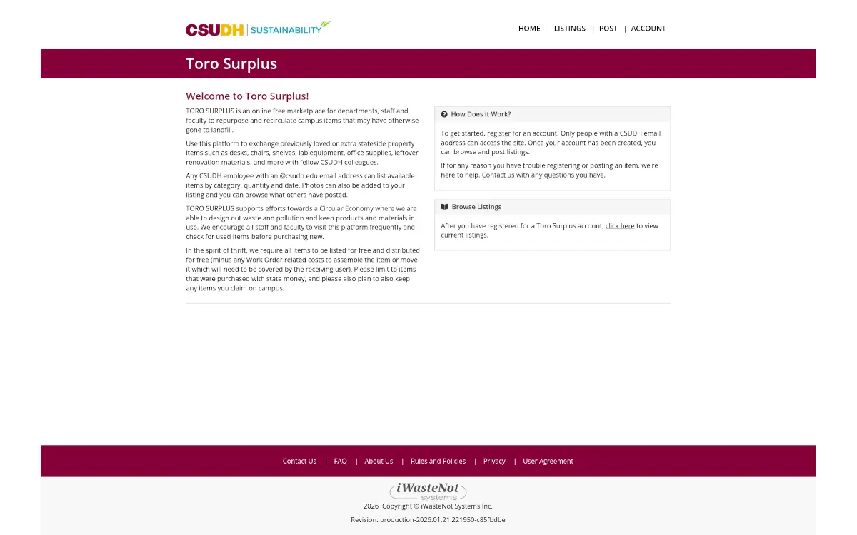 Toro Surplus, a reuse marketplace for CSU Dominguez Hills built on the iWasteNot platform
